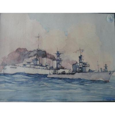Watercolor Warships Signed J Lasne