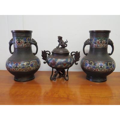 Ensemble Vases Et Brule Parfum Cloisonnés asie