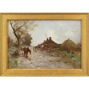 Robert Russell MacNee, Paysage Avec Ferme, Piste Et Chevaux