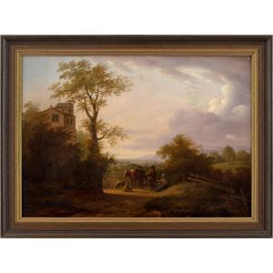 École Hollandaise Du Milieu Du XVIIIe Siècle, Paysage Avec Voyageurs, Vue Lointaine Et Bâtiment