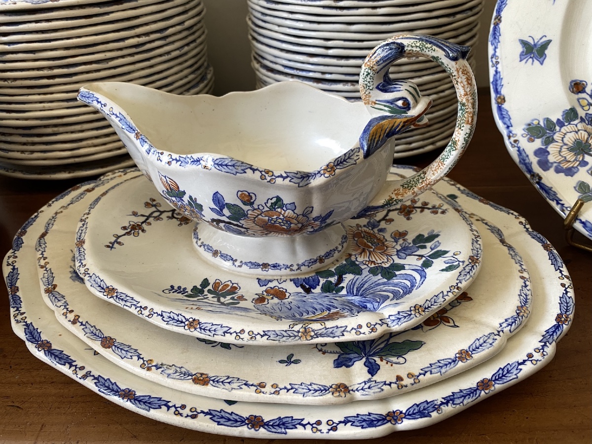 Gien Earthenware Dinner Service, "rooster And Peonies," With Dauphin-style Handles. 19th Century (104 Pieces)-photo-3