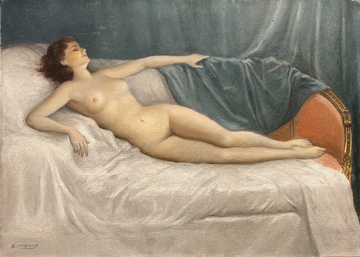 Robert Houy, nu allongé sur un canapé
