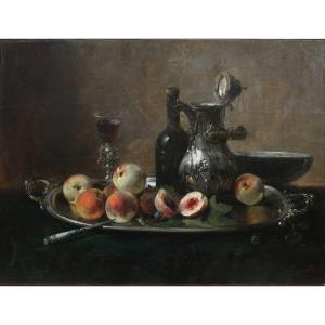  Eugene Petit, Nature Morte Au Pêches Et Cafetière d'Argent