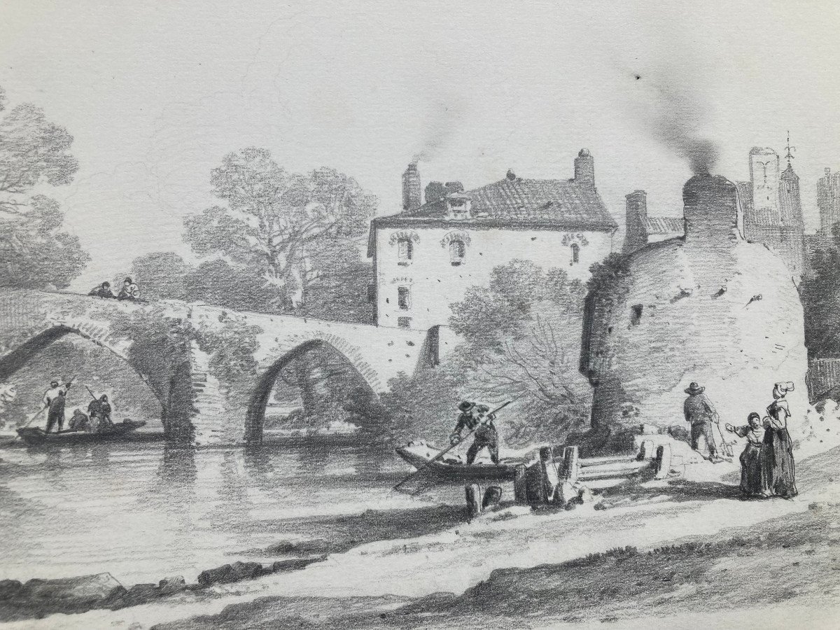 Original Drawing Of The Saint-antoine Bridge In Clisson By Jules Noël, Circa 1855-photo-2