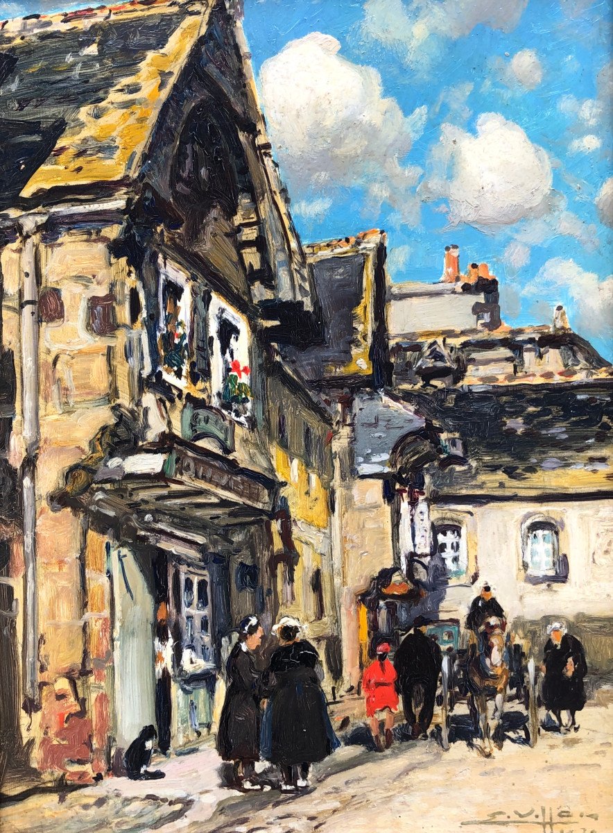 Animation Dans Une Rue Du Faouët Par Eugène Villon - Bretagne