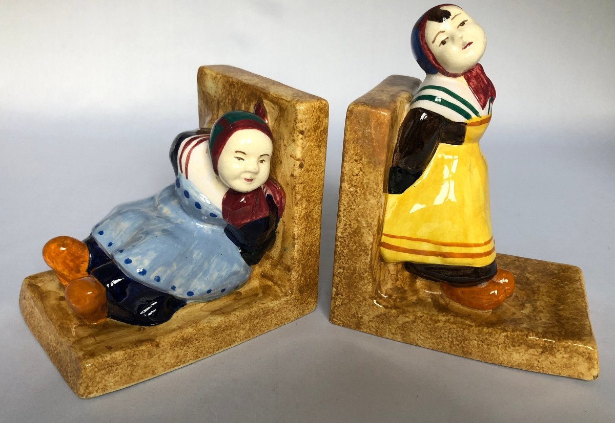 Pair Of Bookends With Little Girls By Charles Ravalec-mazet - Henriot Factory - Brittany