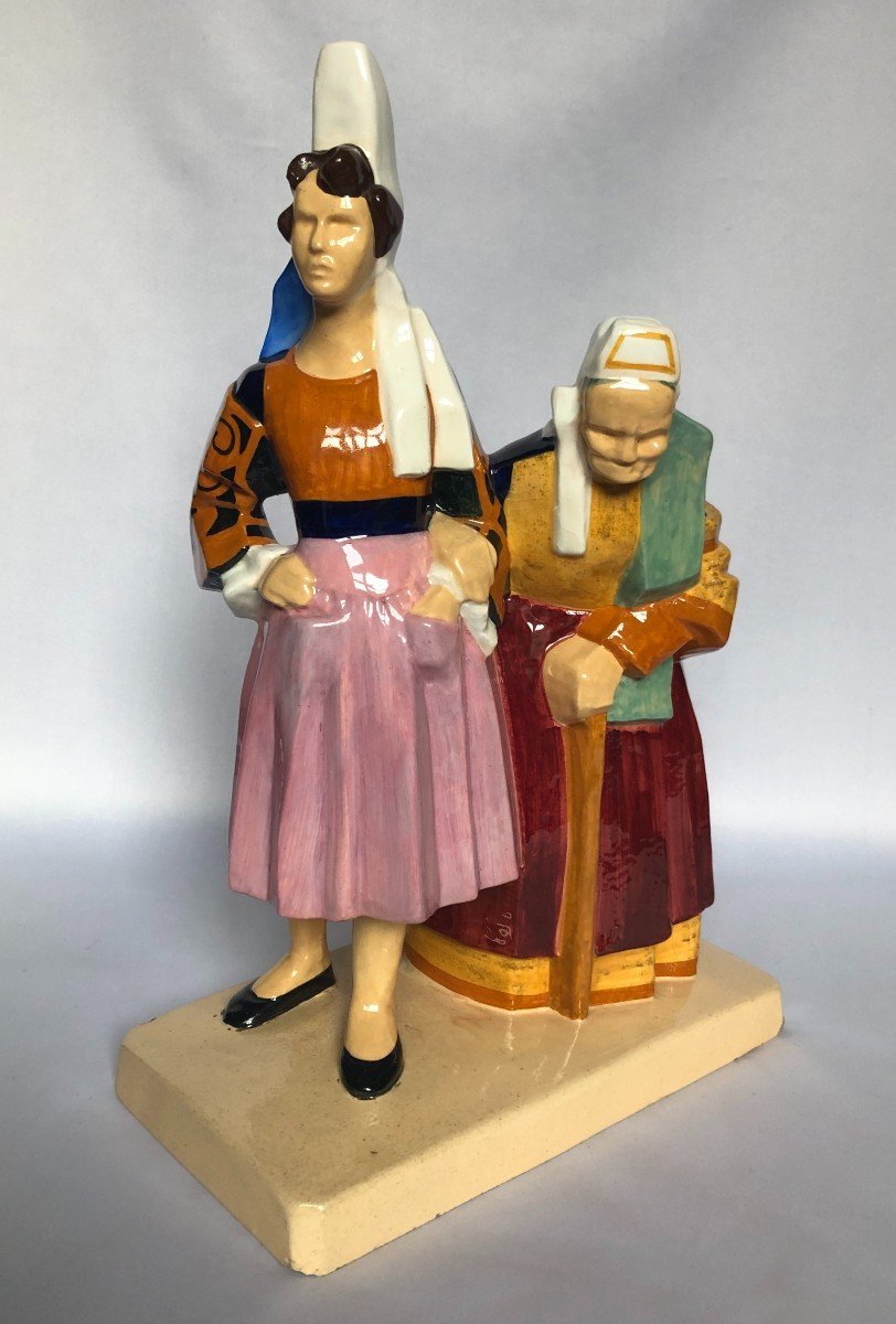Bigoudène And His Grandmother By Robert Micheau Vernez, Manufacture Henriot, Brittany