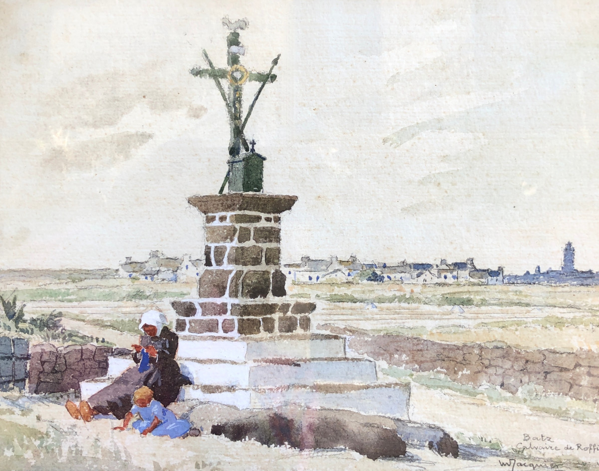 Mère et son enfant au pied du calvaire de Roffiat - Marcel Jacquier - Bretagne 