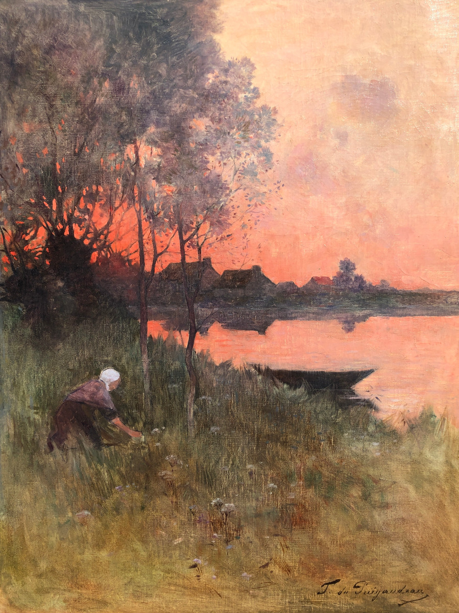 Femme cueillant des fleurs au couchant en Brière par Ferdinand Loyen du Puigaudeau - Bretagne