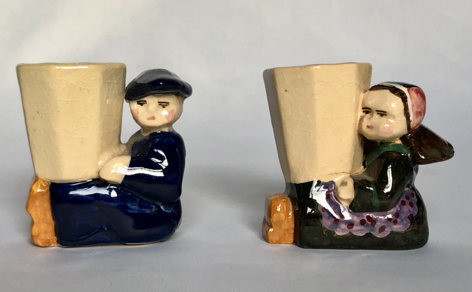 Pair Of Small Candlesticks With Children By Charles Maillard - Henriot - Bretagne