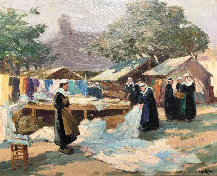 Marché aux étoffes à Concarneau par Henri-Émile Vollet  - Bretagne