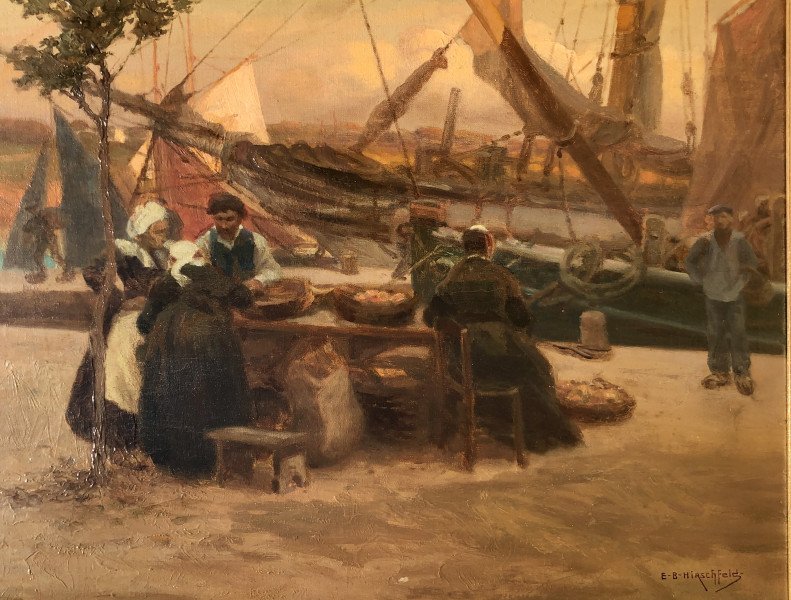 Scène de marché sur les quais de Concarneau par Émil Bénédiktoff Hirschfeld - Bretagne