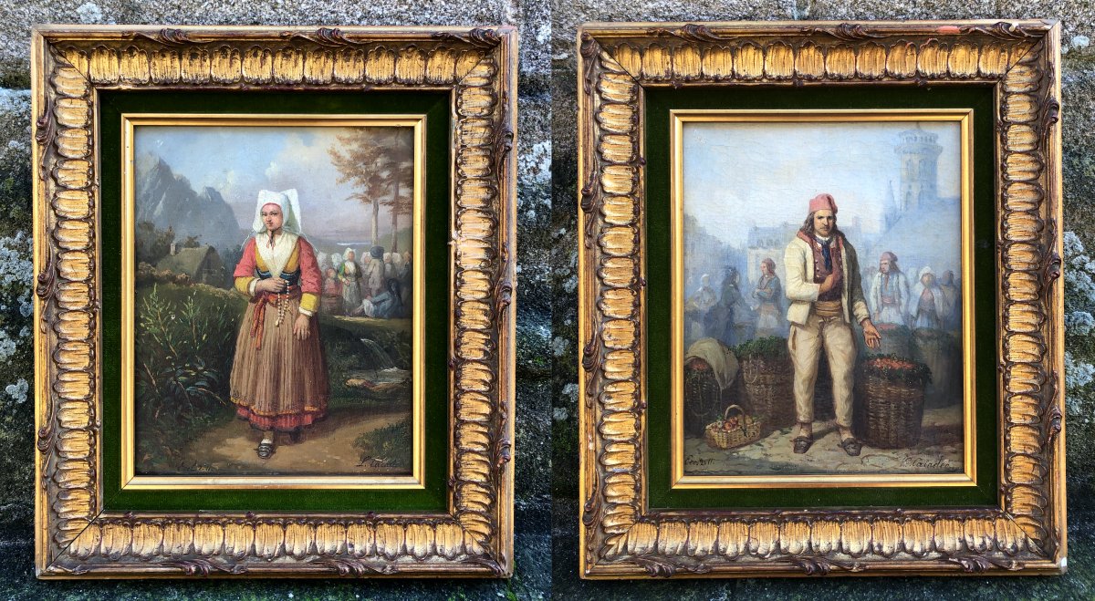 Paire de tableaux d'un couple de Plougastel par Louis Caradec - Bretagne