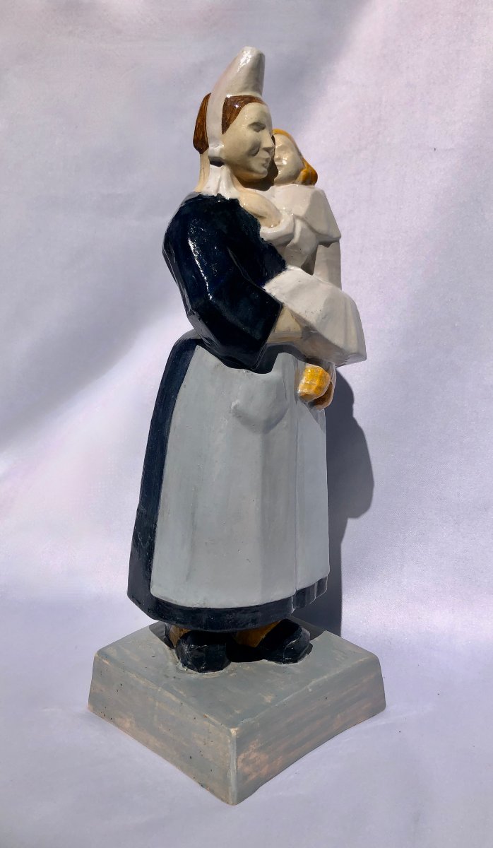 A Woman From Bigoudène With Her Child By émile Just Bachelet, Henriot Manufactory, Brittany-photo-2