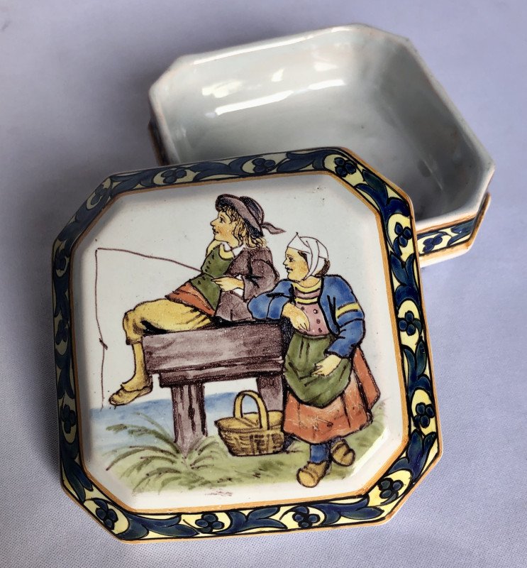 Boîte à décor d’enfants pêchant par Alfred Beau - manufacture Porquier Beau - Bretagne-photo-2
