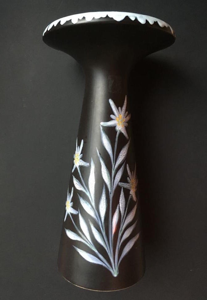 Large Anthracite Earthenware Vase With Edelweiss Decoration - Circa 1960-photo-2