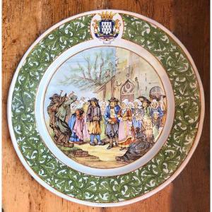 Large Dish Decorated With The Wedding At Kerfeunteun Near Quimper - Manufacture Porquier Beau