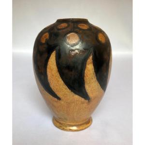 Small Odetta Vase Decorated With Stylized Waves And Brown Dots By Georges Brisson - Brittany