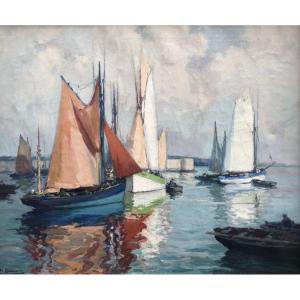 Séchage Des Voiles Devant Les Remparts De Concarneau De Henri Barnoin, Bretagne