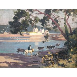 Retour du troupeau sur le bord de la rivière - Edouard Doigneau - Bretagne