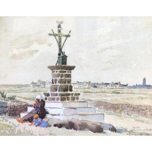 Mère et son enfant au pied du calvaire de Roffiat - Marcel Jacquier - Bretagne 