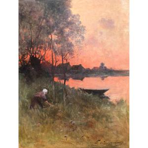 Femme cueillant des fleurs au couchant en Brière par Ferdinand Loyen du Puigaudeau - Bretagne