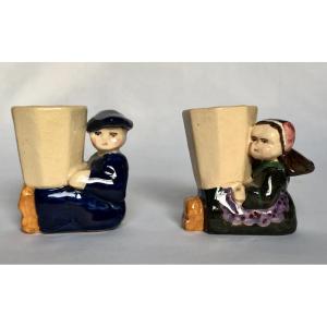 Paire de petits bougeoirs aux enfants par Charles Maillard - Henriot - Bretagne