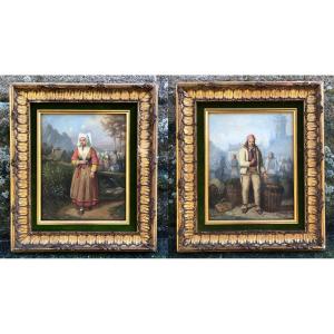 Paire de tableaux d'un couple de Plougastel par Louis Caradec - Bretagne