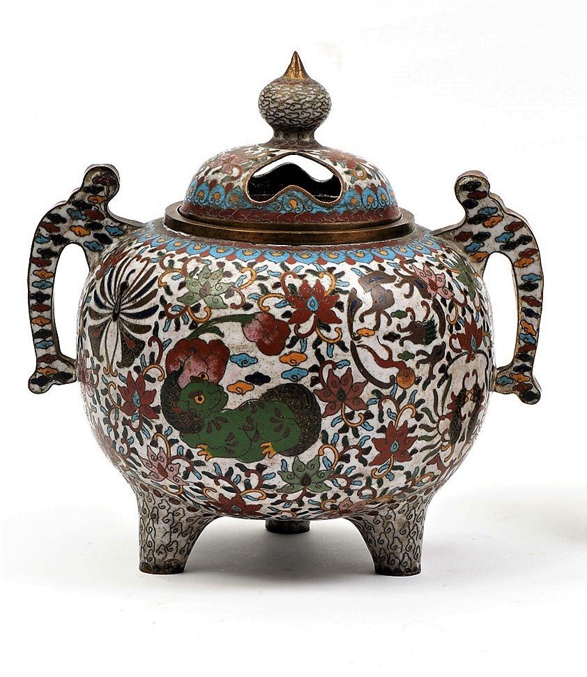 Japan 19th Century Set Of Two Bronze And Cloisonné Enamel Vases And An Incense Burner-photo-3