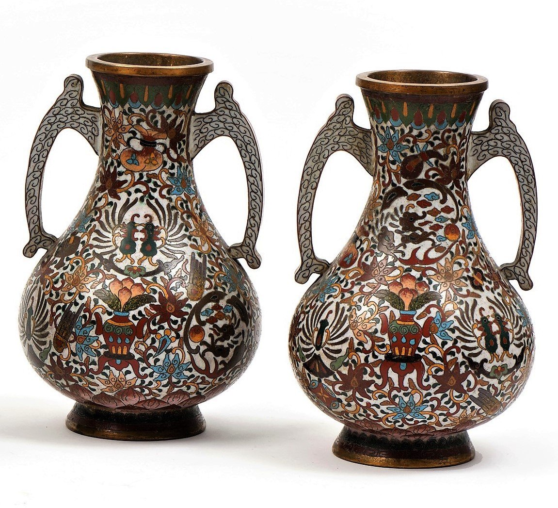 JAPON XIXe siècle Ensemble de deux vases en bronze et émaux cloisonnés et  un brûle-encens-photo-4
