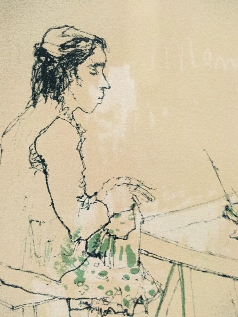 Jean Jansem  Dessin Original Au Crayon Et Pastel Sur Papier D’une Femme Au Restaurant  Intitulé-photo-2