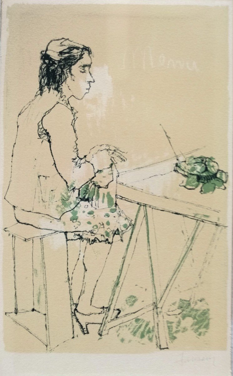 Jean Jansem  Dessin Original Au Crayon Et Pastel Sur Papier D’une Femme Au Restaurant  Intitulé