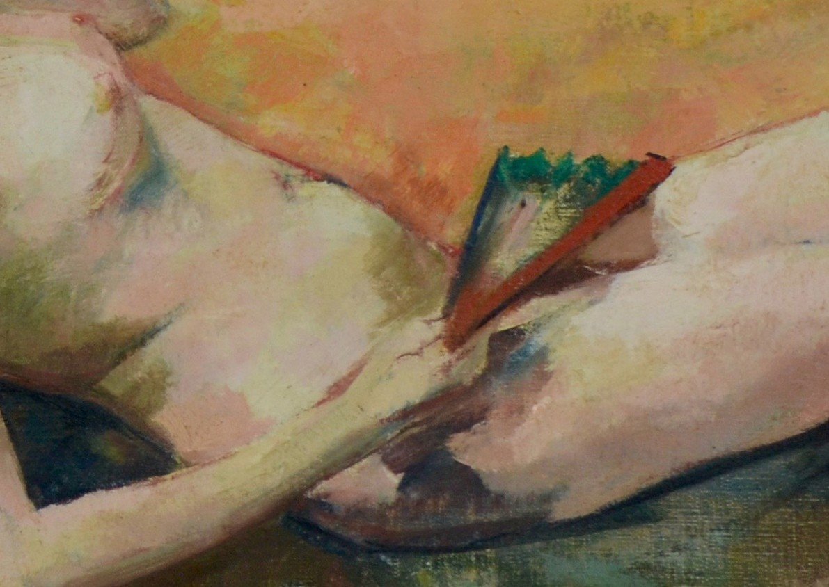 Jacques Bergmans “reclining Nude With A Fan” Oil On Canvas 20th Century-photo-2