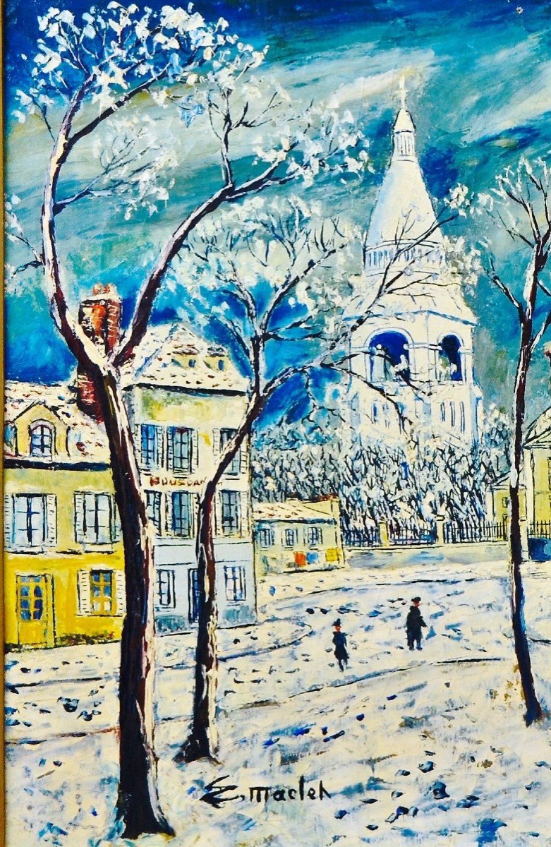 èlisée Maclet « Montmartre Sous La Neige » Huile Sur Toile XX ème-photo-1