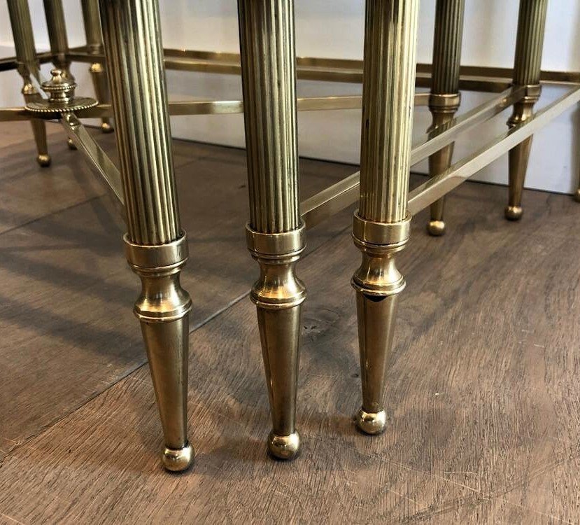 Gilded Brass And Tempered Glass Nesting Tables Attributed To Maison Jansen Mid-20th Century-photo-4