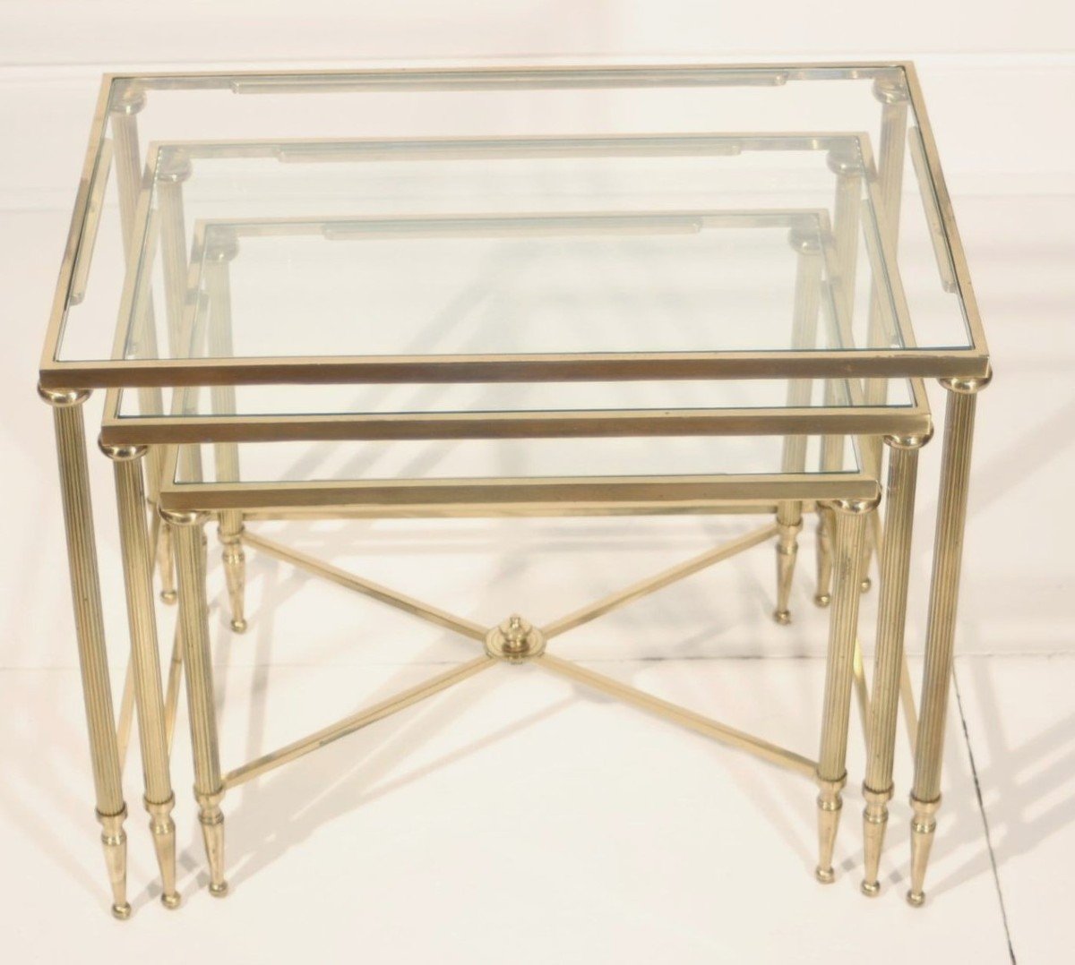Gilded Brass And Tempered Glass Nesting Tables Attributed To Maison Jansen Mid-20th Century
