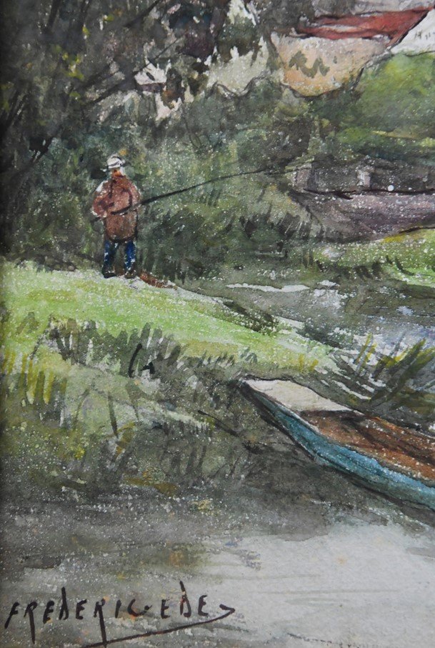 Pair Of Watercolors On Canson Frédéric-charles-vipont Ede "fisherman On The Banks Of The Lunain" -photo-3