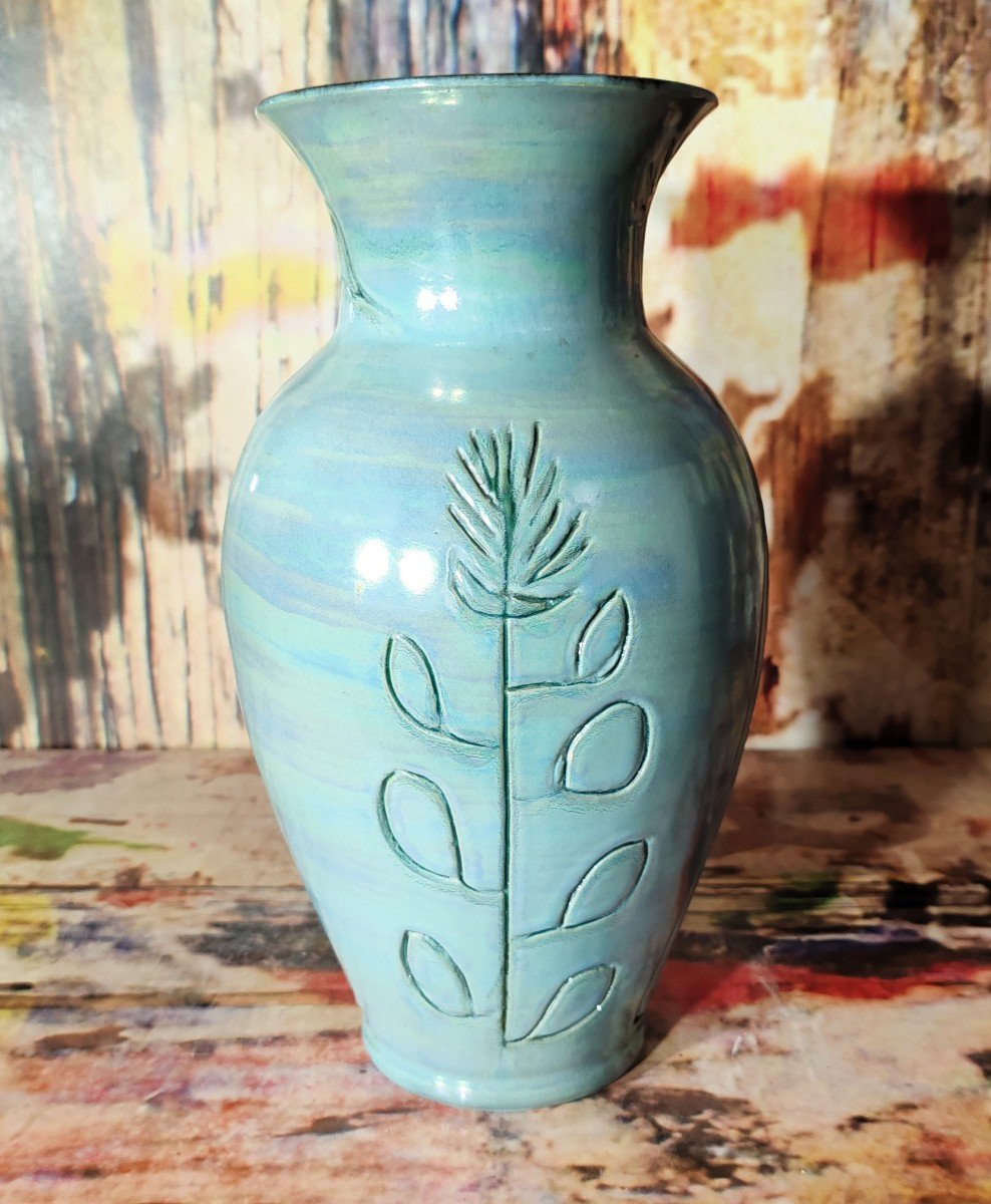 Important Vase En Céramique Vernissée  Bleu "turquoise" d'Accolay Vers 1950.-photo-2