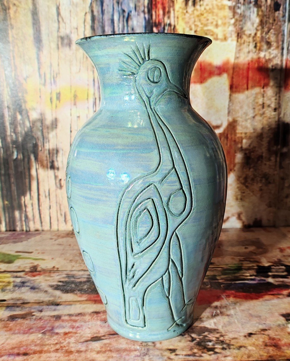 Important Vase En Céramique Vernissée  Bleu "turquoise" d'Accolay Vers 1950.