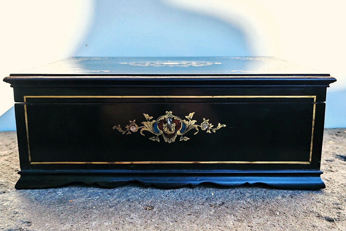 Susse Frères Blackened Wood Box Brass Marquetry, Mother-of-pearl, Blue/red Tortoiseshell Napoleon III-photo-3
