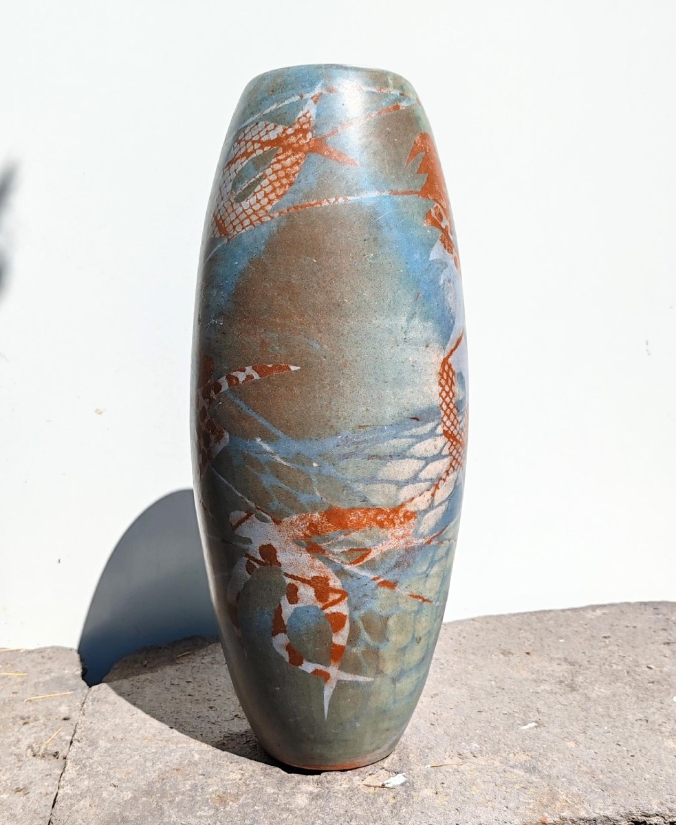 Sophie Combres Large Tubular Polychrome Ceramic Vase With Orange And Blue Background Decorated With Dancers -photo-2