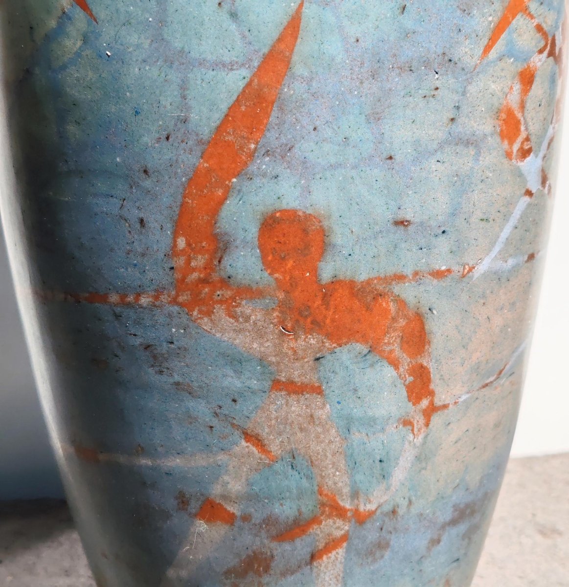 Sophie Combres Large Tubular Polychrome Ceramic Vase With Orange And Blue Background Decorated With Dancers -photo-4