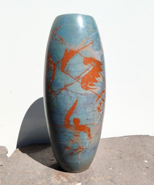 Sophie Combres Large Tubular Polychrome Ceramic Vase With Orange And Blue Background Decorated With Dancers 