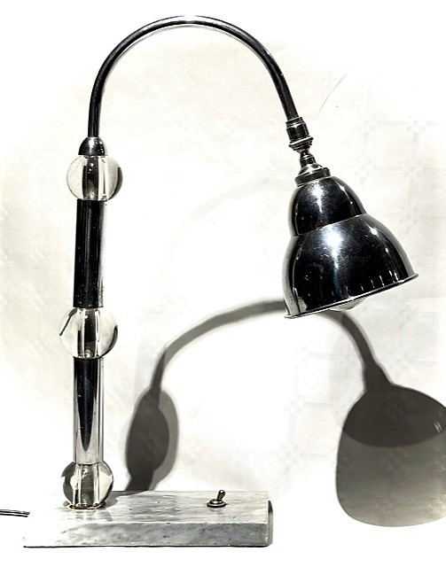 Modernist Art Deco Lamp With Light Grey Marble Base, Metal Foot And Glass Balls 