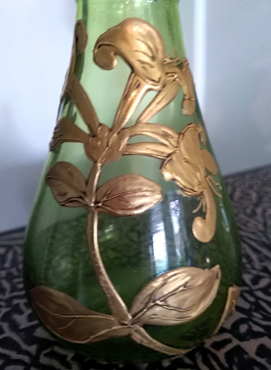  Vase miniature « art nouveau » MontJoye, Legras St Denis, vert, à décor émaillé or fin XIX/XX-photo-3