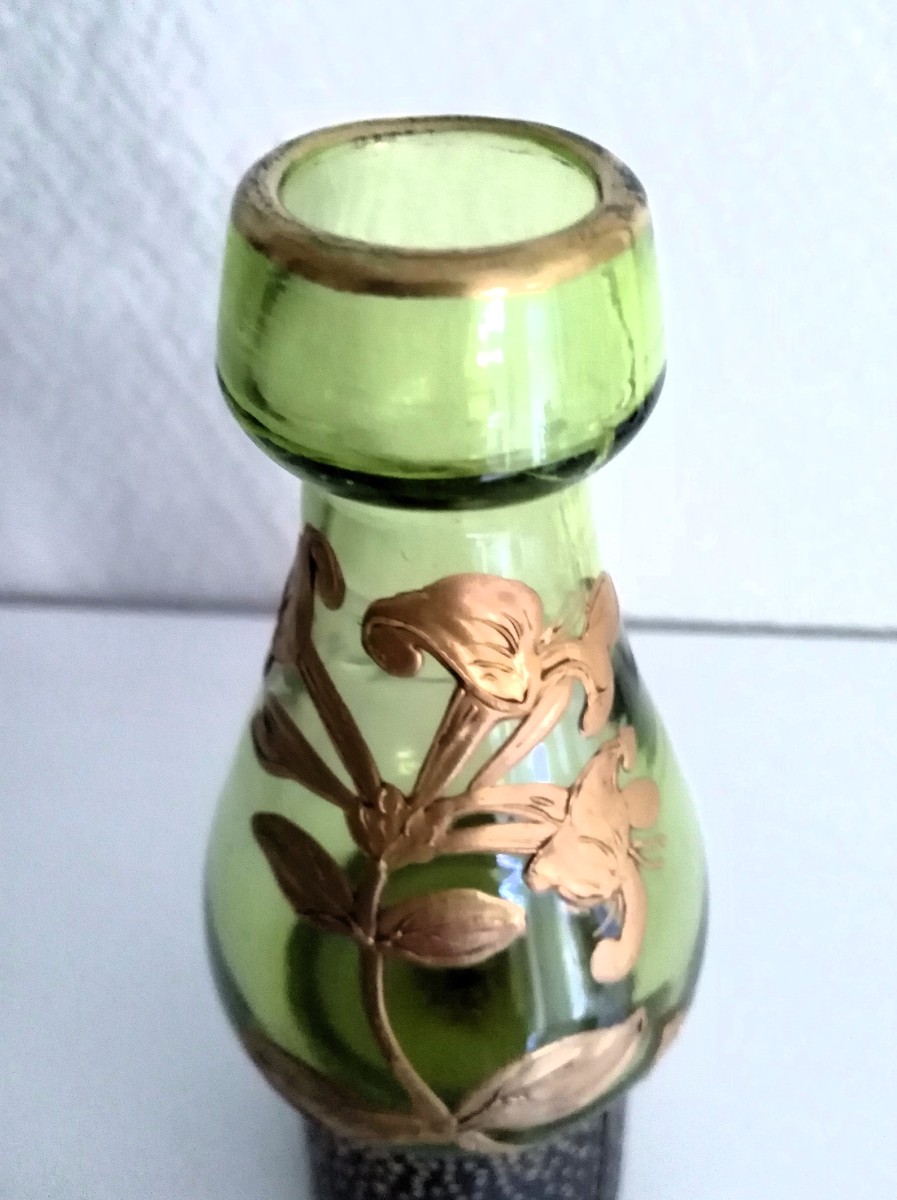  Vase miniature « art nouveau » MontJoye, Legras St Denis, vert, à décor émaillé or fin XIX/XX-photo-4