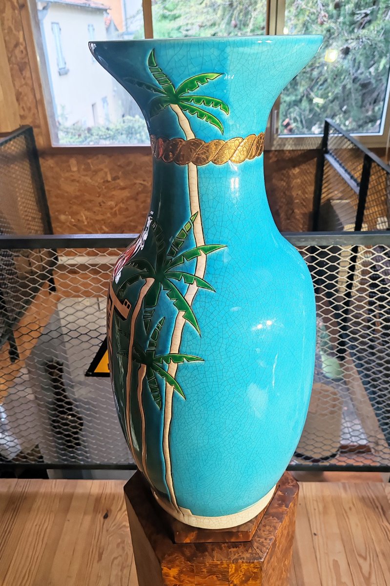 Danillo Curetti “longwy” Exceptional Glazed Earthenware Vase “miami Mon Amour” 20th Century-photo-2