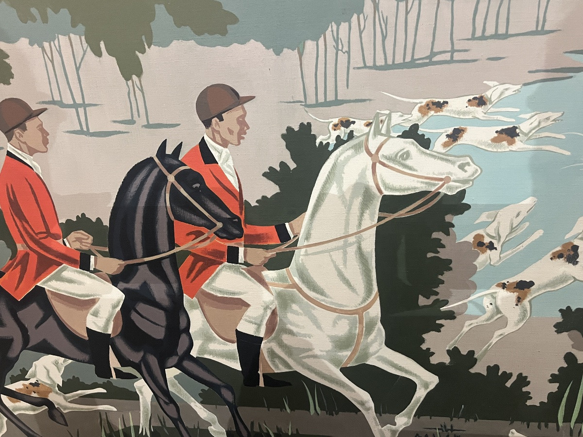 Peinture art deco du peintre Lucien Maisonneuve sujet chasse à courre réalisé en 1940-photo-2