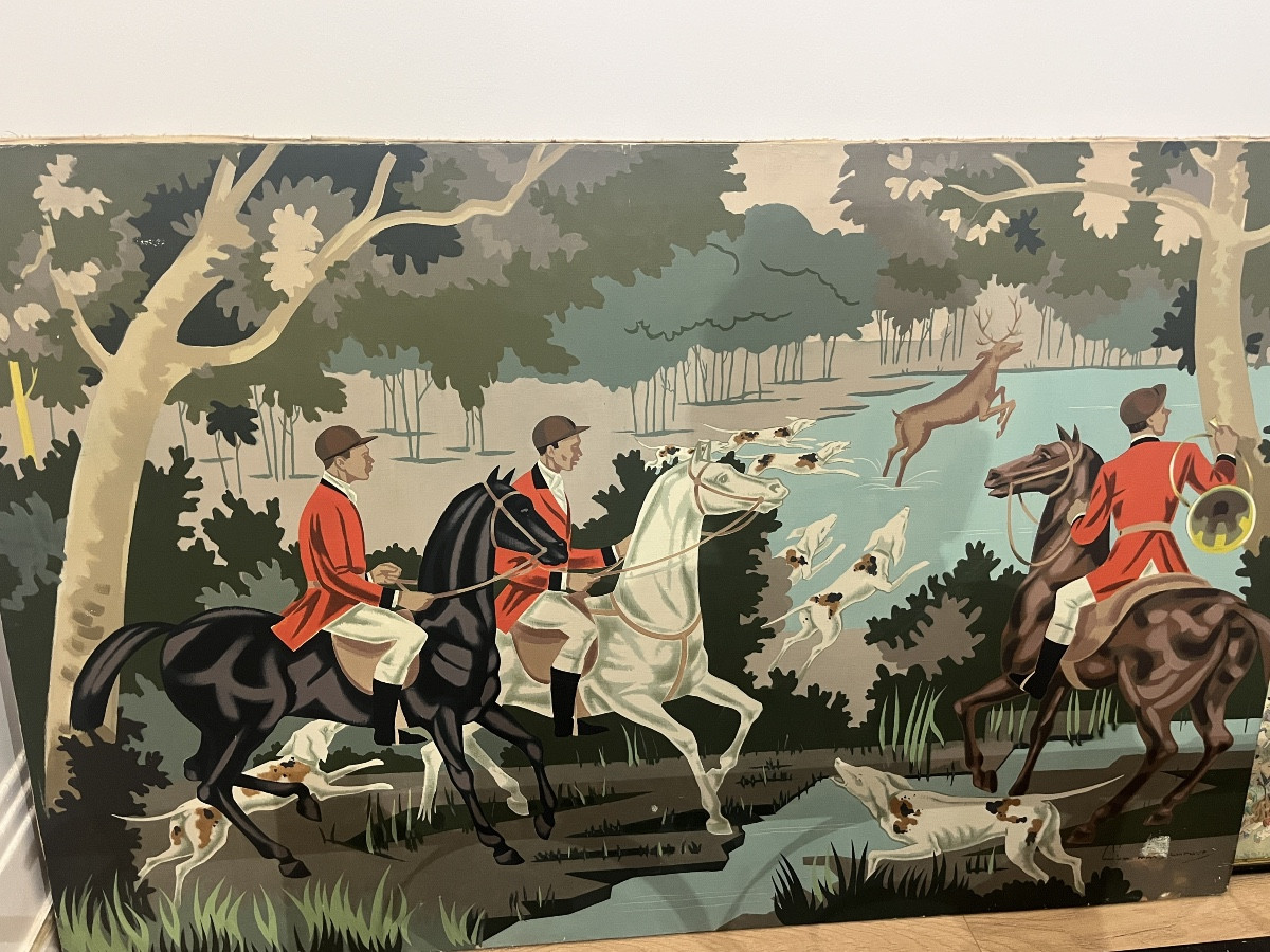 Peinture art deco du peintre Lucien Maisonneuve sujet chasse à courre réalisé en 1940
