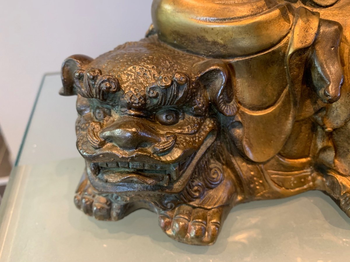 Pair Of Guanyin 19 Ieme In Bronze Decorations Of Fo Dog And Elephant Head-photo-3